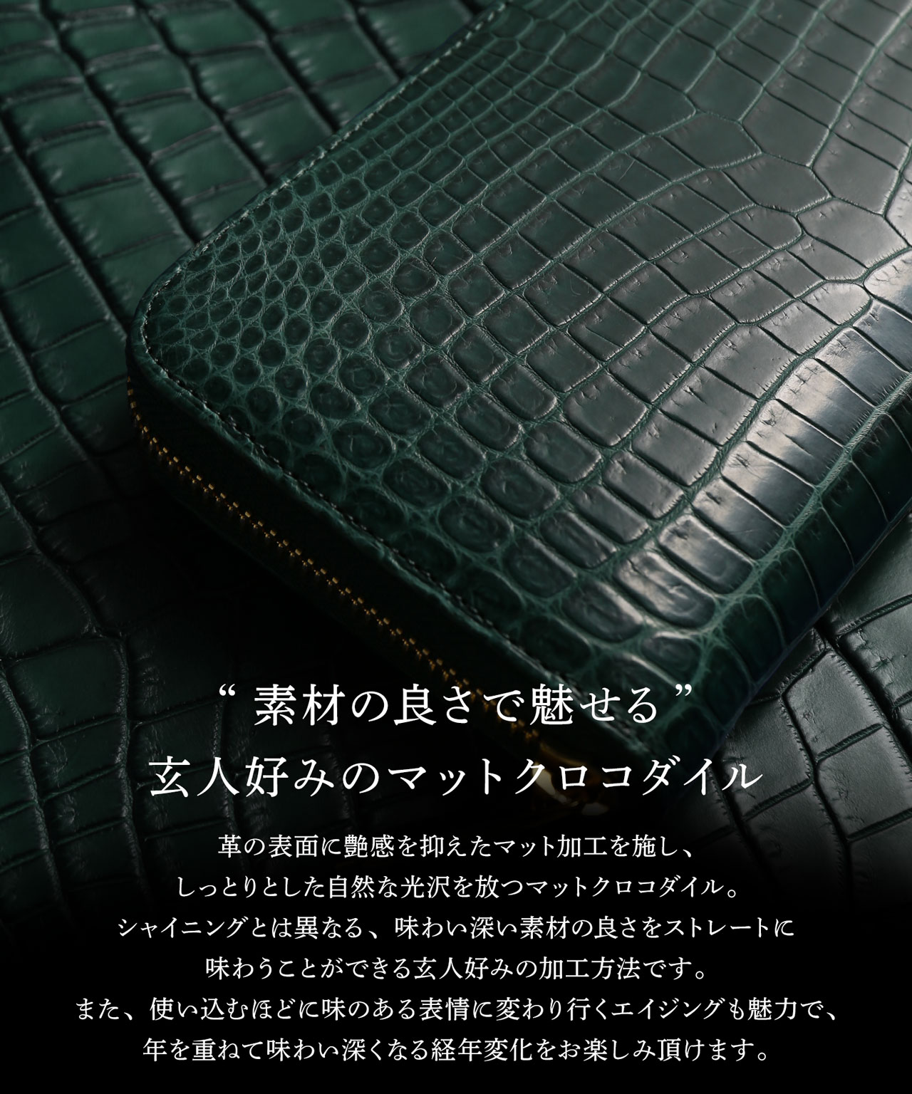sankyo shokai 緑龍 クロコダイル ラウンドファスナー 長財布 マット