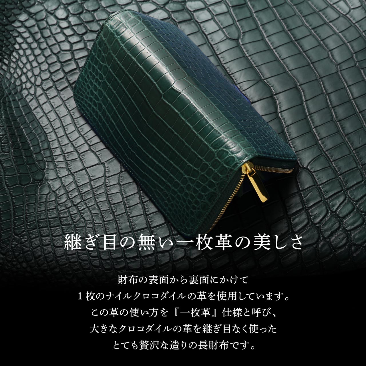 クロコダイル、センター縦取り一枚革の兼用ラウンド長財布、艶消しマットのＤグリーン 長財布 メンズ レディース クロコダイル センター取り 一枚革