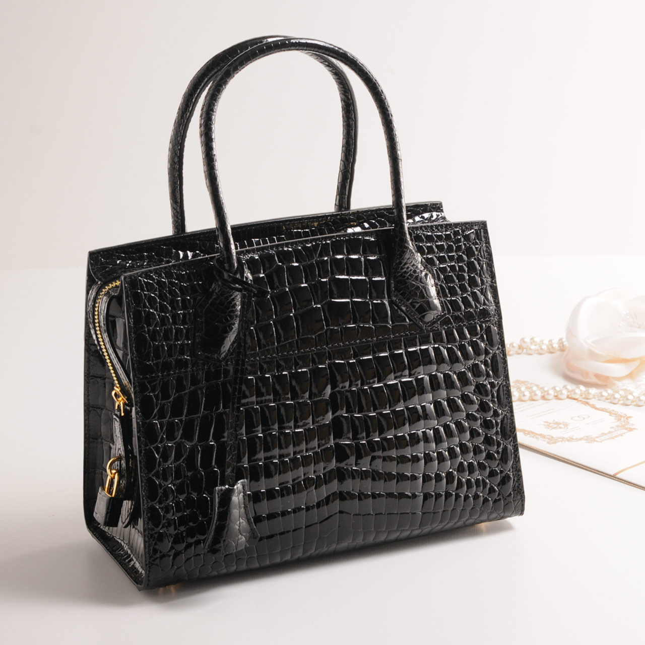 crocodile クロコダイル ハンドバッグ シャイニング センター取り 黒 scr0019-02.jpg