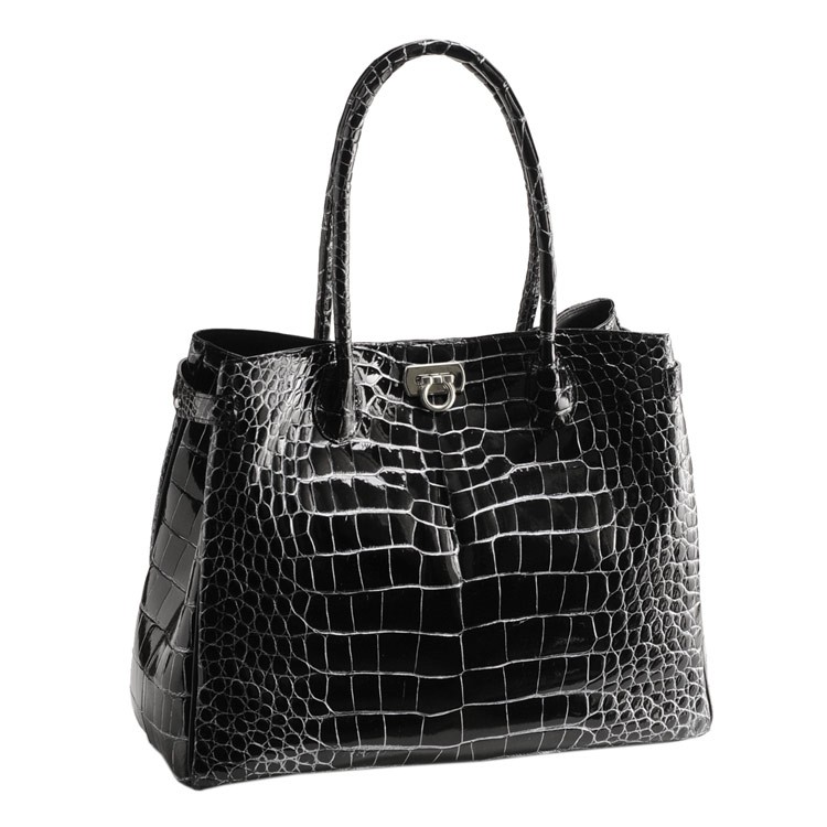 sankyo shokai クロコダイル ハンドバッグ シャイニング 加工 目地染め