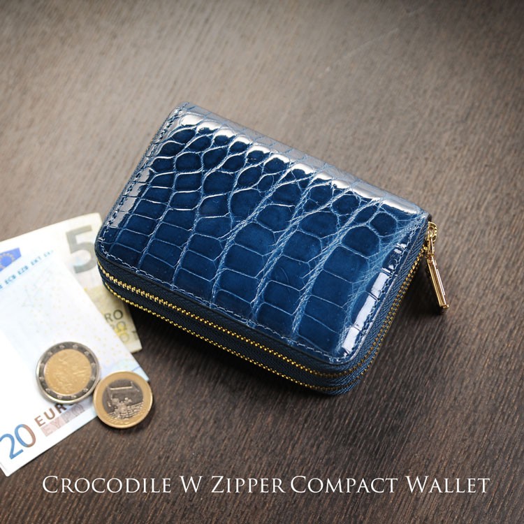 クロコダイル Wファスナー ミニ財布 メンズ ラウンドファスナー コンパクト 財布 シャイニング 加工 全16色 (06001055-3-mens-1r) バレンタイン