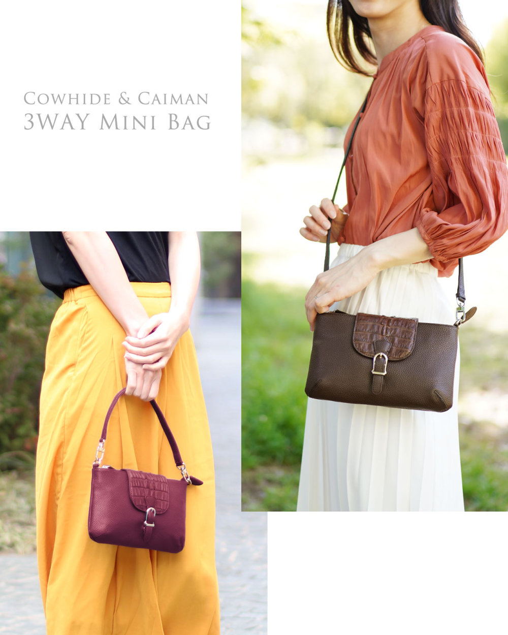 牛革 カイマン 3WAY ミニバッグ レディース ポシェット ショルダーバッグ 財布 ワニ革 お財布機能 カードホルダー 小さめ 革 斜めがけ お財布ショルダー(No.06001335) sankyo shokai（三京商会） 牛革 カイマン 3WAY ミニバッグ レディース