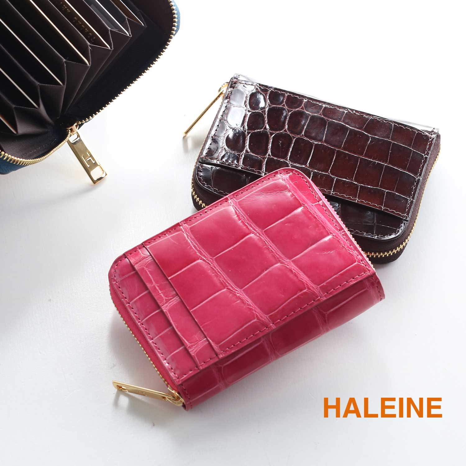 HALEINE クロコダイル カードケース 本革 レディース じゃばら 本革  ラウンドファスナー ゴールド 金具 キャッシュレス 全17色(06001368r) | HALEINE