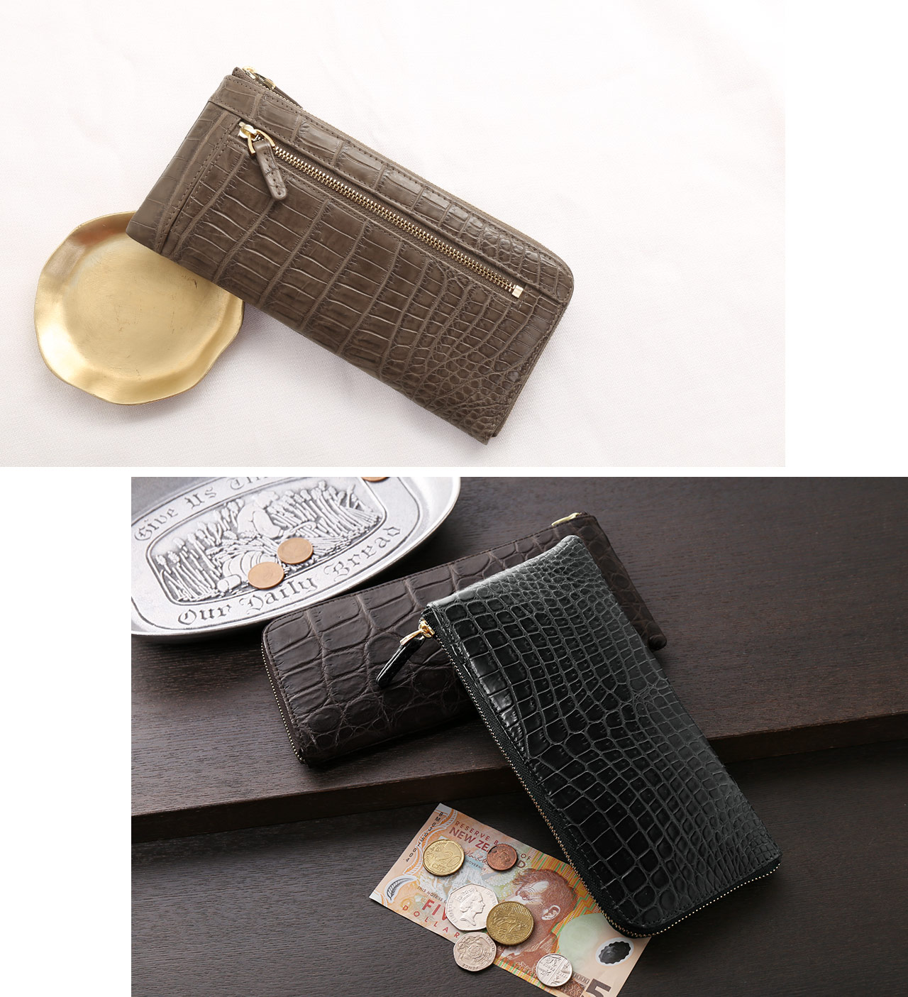 クロコダイル マット L字 ファスナー 長財布 メンズ