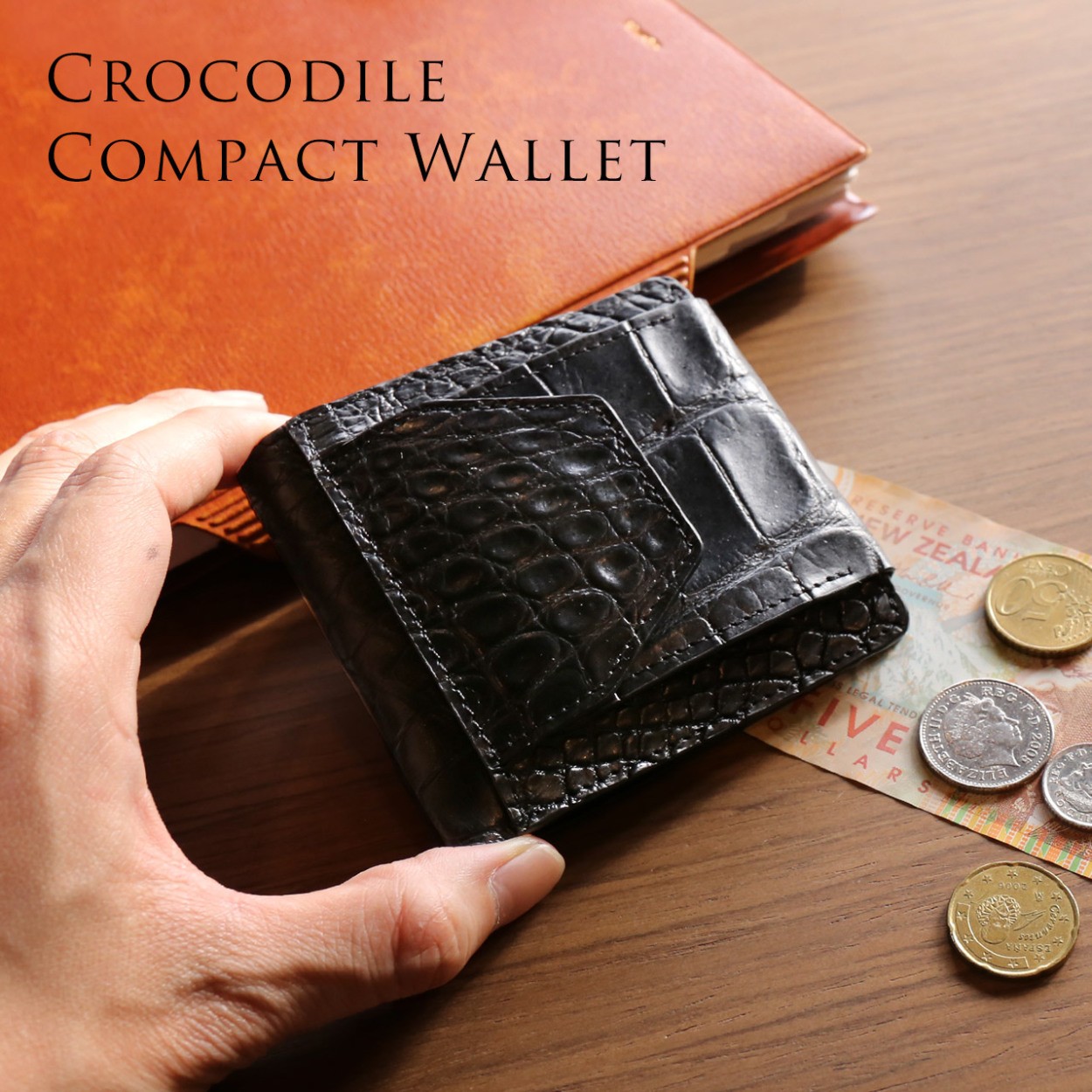 期間限定価格]クロコダイル マット 二つ折り ミニ財布 メンズ ブラック