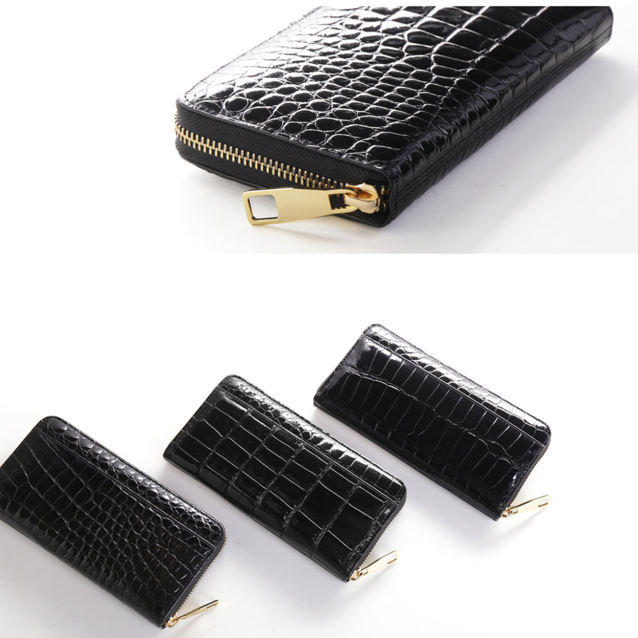 [19%offクーポン]スモールクロコダイル レディース 長財布 ラウンドファスナー シャイニング 加工 ポロサス(06001569r) 金運の画像