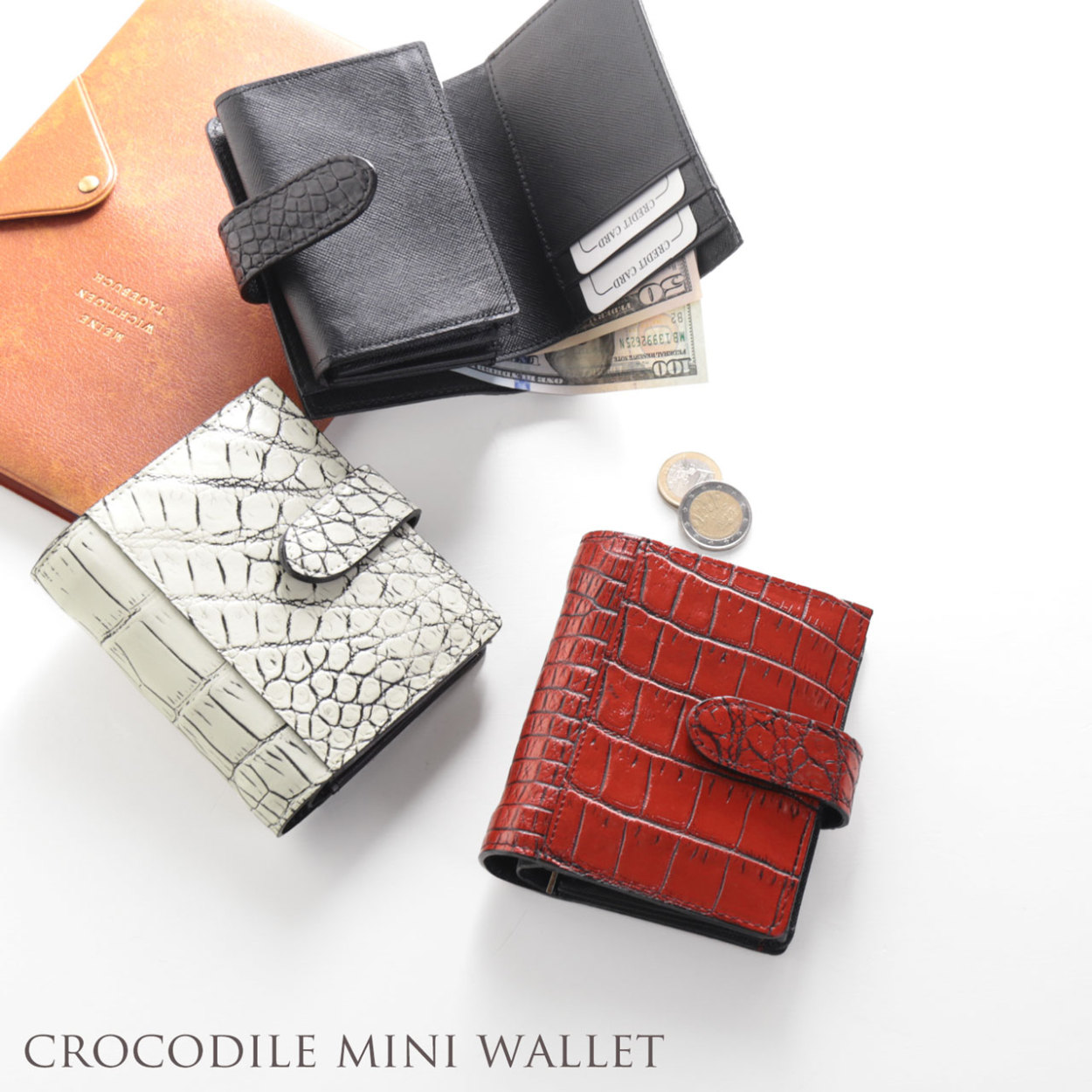 二つ折り 財布 レディース 日本製 折り財布 クロコダイル マット 加工 カードが沢山入る 全3色 (06001576r)｜j-white