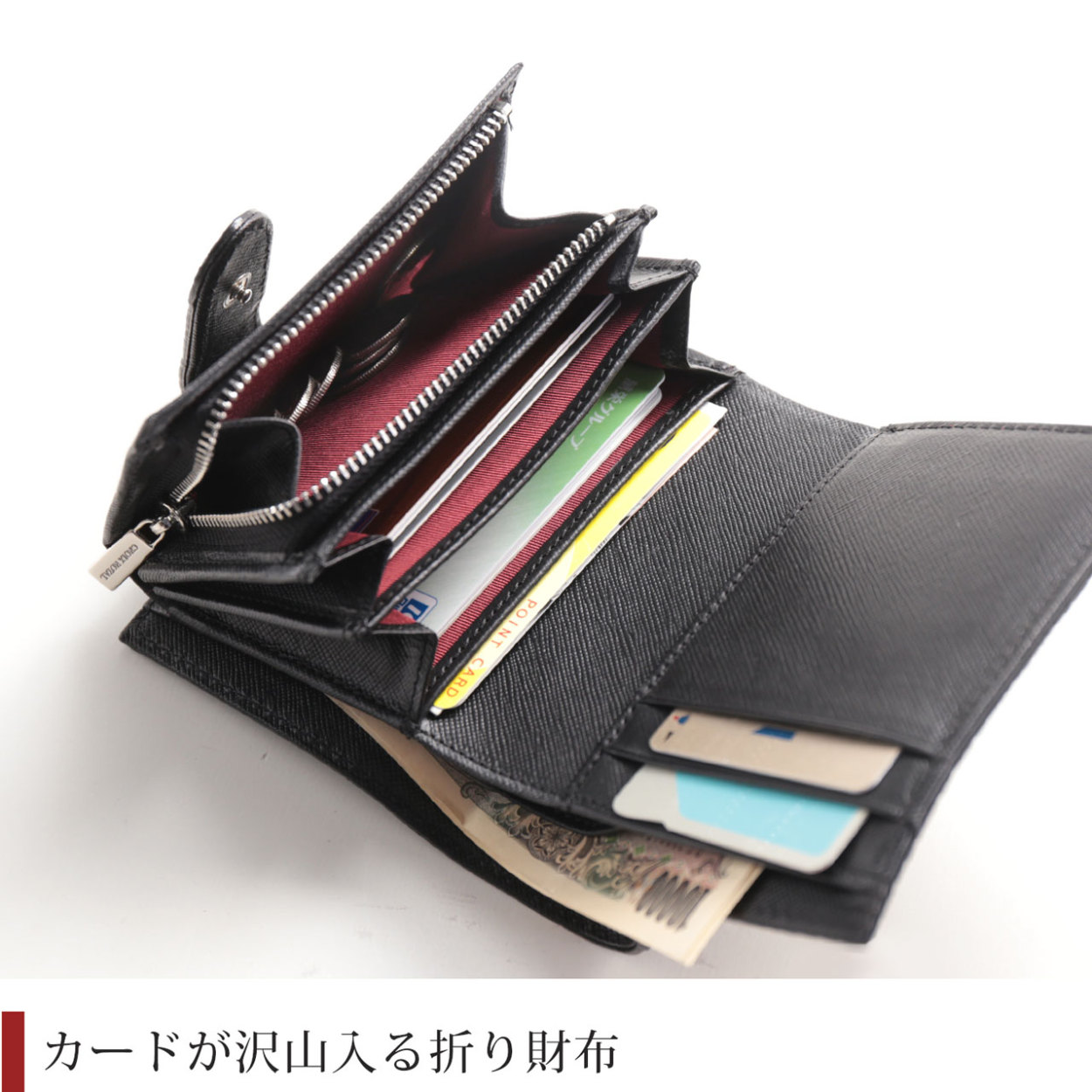二つ折り 財布 レディース 日本製 折り財布 クロコダイル マット 加工 カードが沢山入る 全3色 (06001576r)｜j-white｜09