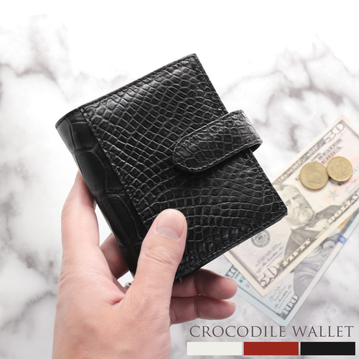 クロコダイル メンズ 日本製 折り財布 マット 加工 カードが沢山入る 財布 全3色 本革 二つ折り (06001576-mens-1r) バレンタイン