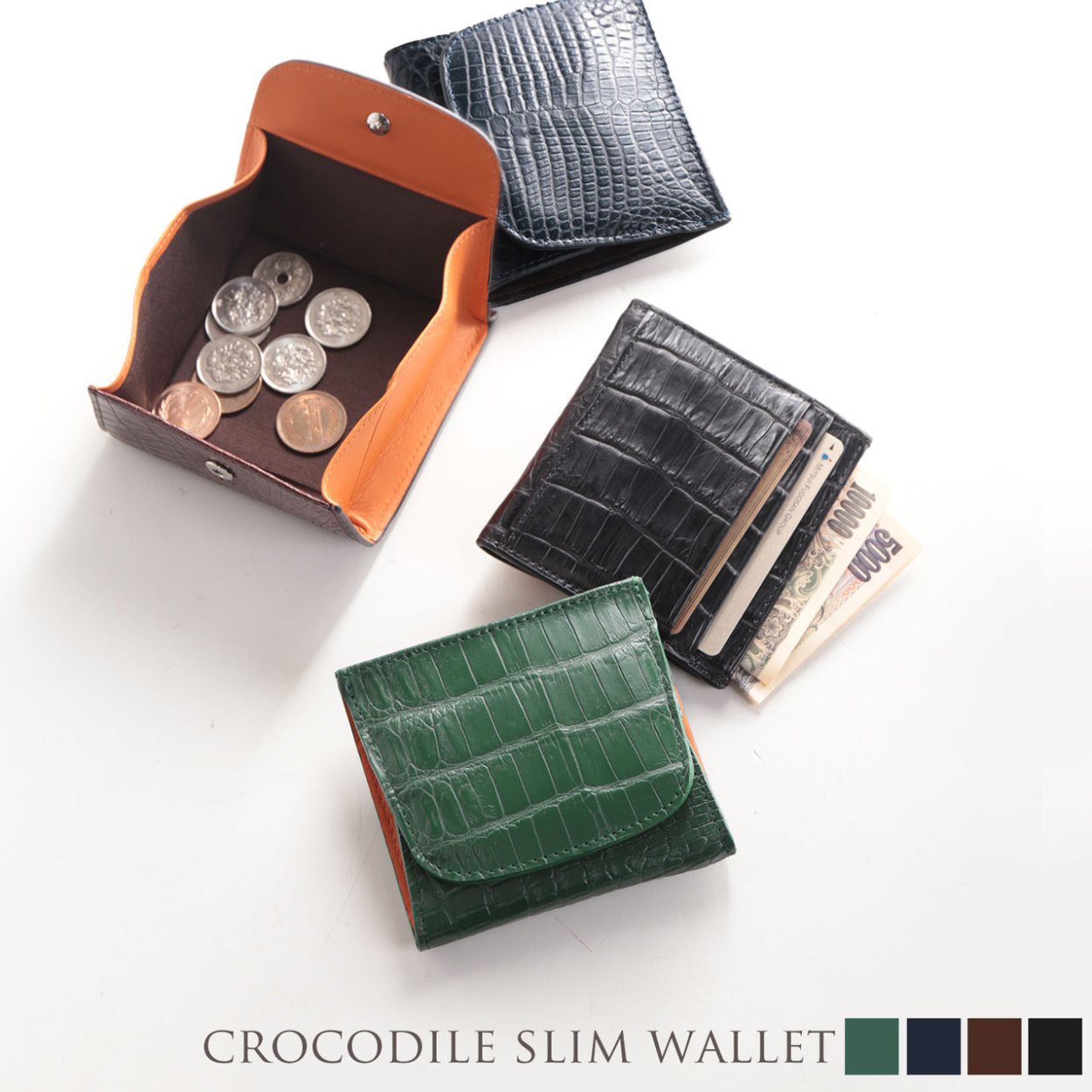 クロコダイル レディース ミニ財布 ボックス型 小銭入れ 付き 薄型