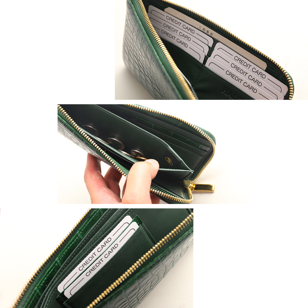 クロコダイル メンズ 長財布 日本製 L字ファスナー HALEINE 鰐革 本革 財布 マット 加工 ゴールド 金具 アウトポケット 付き JRA(06001841-mens-1r) | HALEINE | 06
