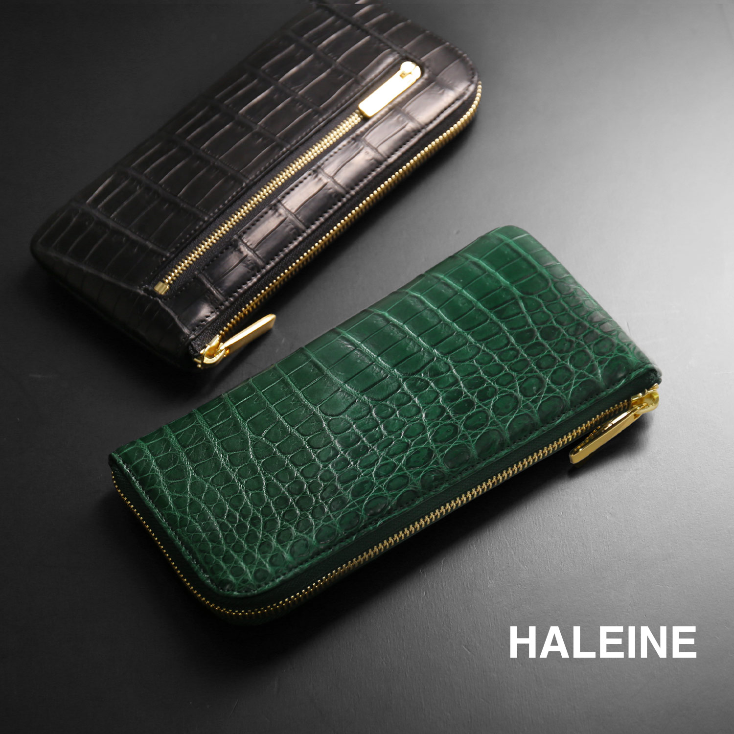 クロコダイル メンズ 長財布 日本製 L字ファスナー HALEINE 鰐革 本革 財布 マット 加工 ゴールド 金具 アウトポケット 付き JRA(06001841-mens-1r) | HALEINE