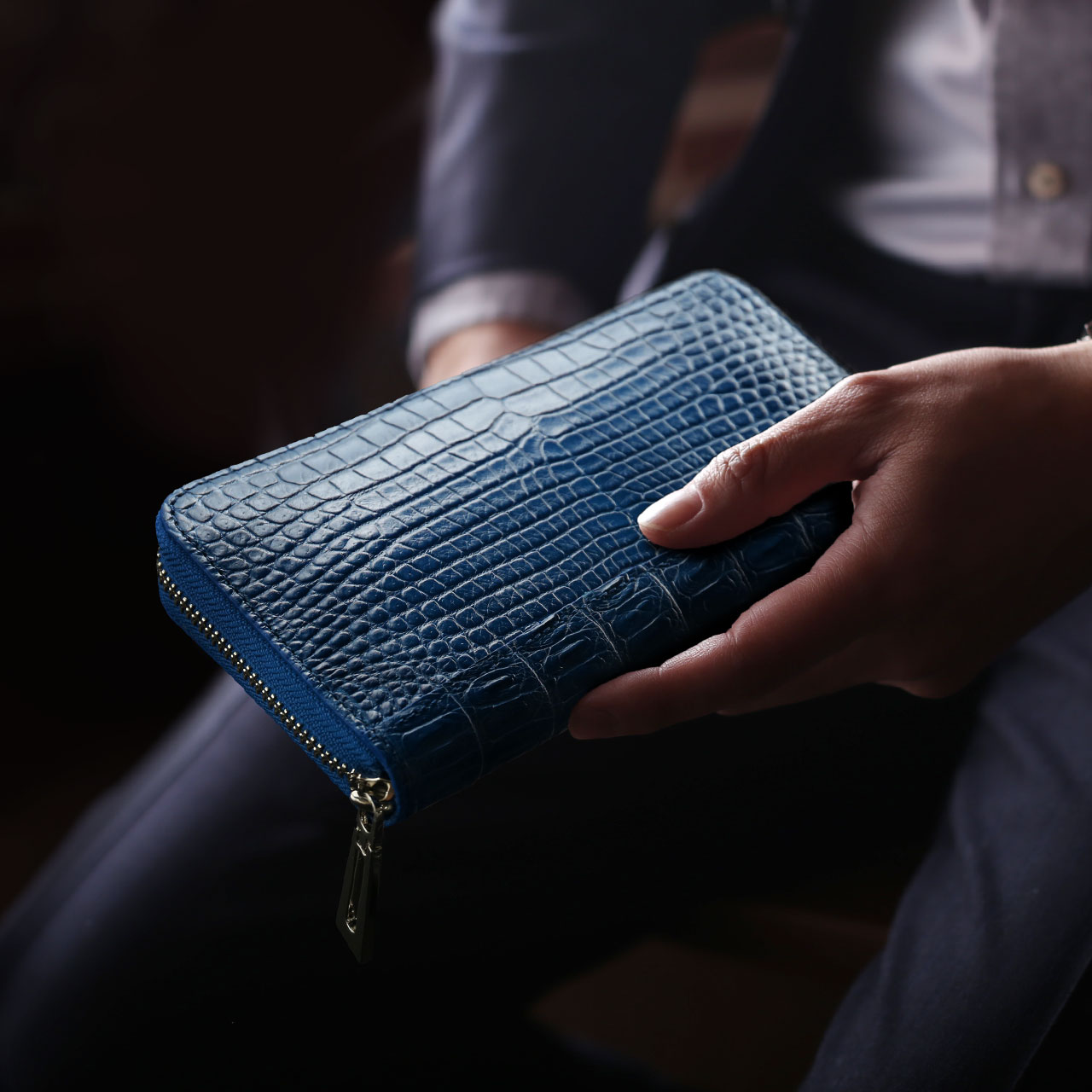 藍染め クロコダイル メンズ 長財布 日本製 ラウドファスナー ナイルクロコダイル 保証書(06001900-mens-1r) sankyo shokai（三京商会） 藍染め クロコダイル メンズ 長財布 日本製