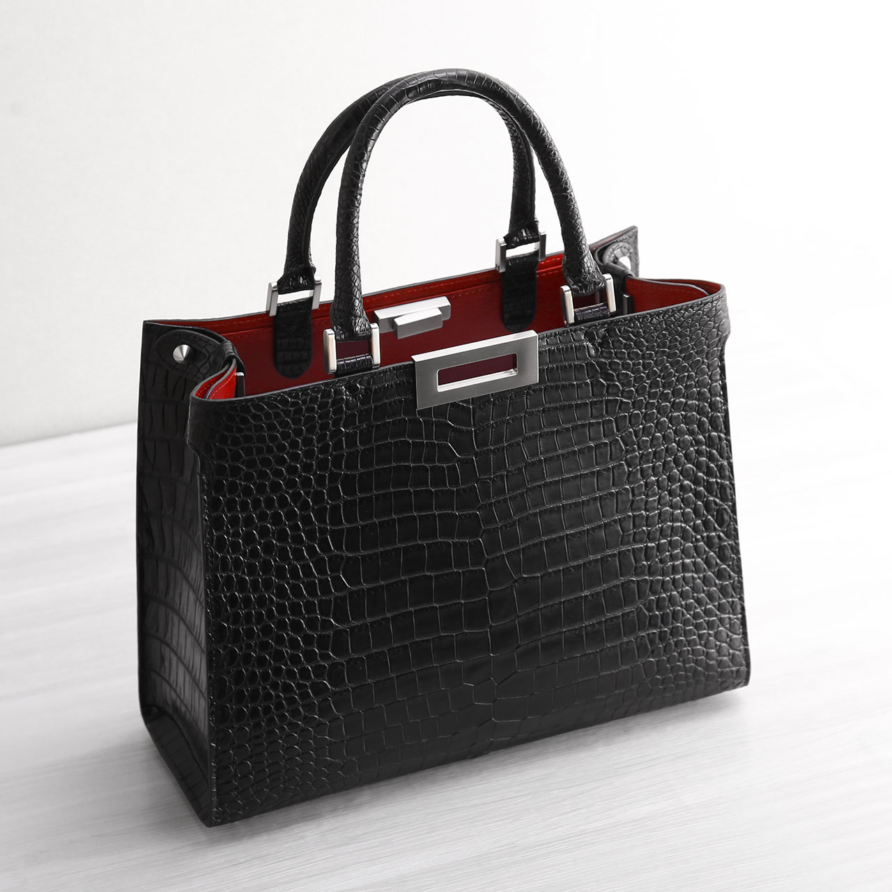 クロコダイル 黒×赤 2way ショルダートートバッグ クロコダイル トートバッグ メンズ レディーズ 本革 2way 斜めがけ