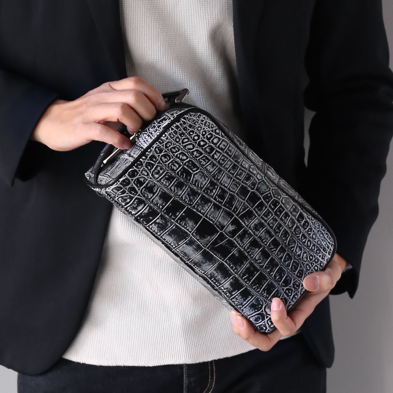 クロコダイル セカンドバッグ ダブルファスナー センター取り 日本製