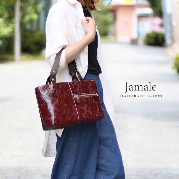 ［Jamale］ジャマレ　ハンドバッグ　牛革　型押し　日本製　ローズ柄　レディース　ブランド