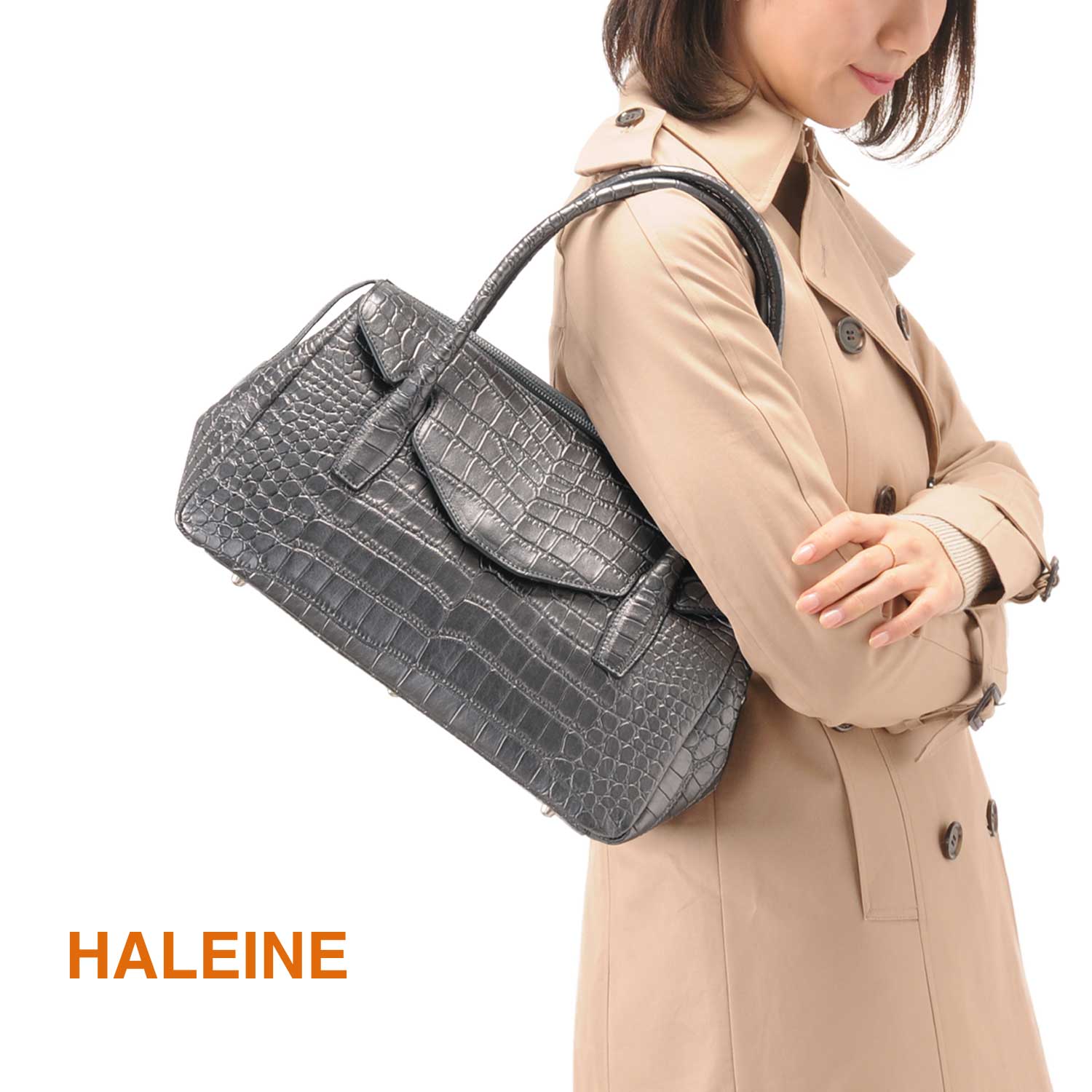 HALEINE/アレンヌ ラム革 ハンドバッグ クロコダイル型押し ブラック