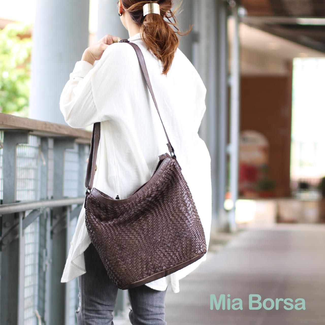 本革 メッシュバッグ ショルダーバッグ レディース Mia Borsa ブランド ウォッシュ加工 牛革 鞄 大きめ 大きい (No.07000334)