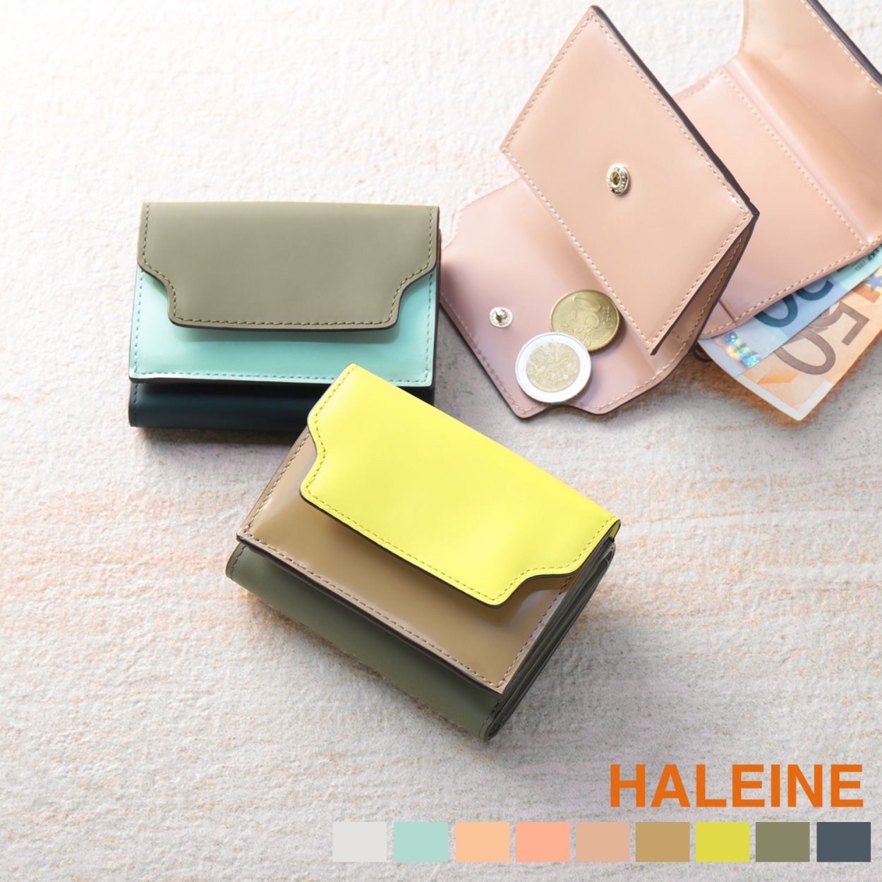 本革 ミニ財布 レディース 三つ折り フランス製牛革 HALEINE エナメル