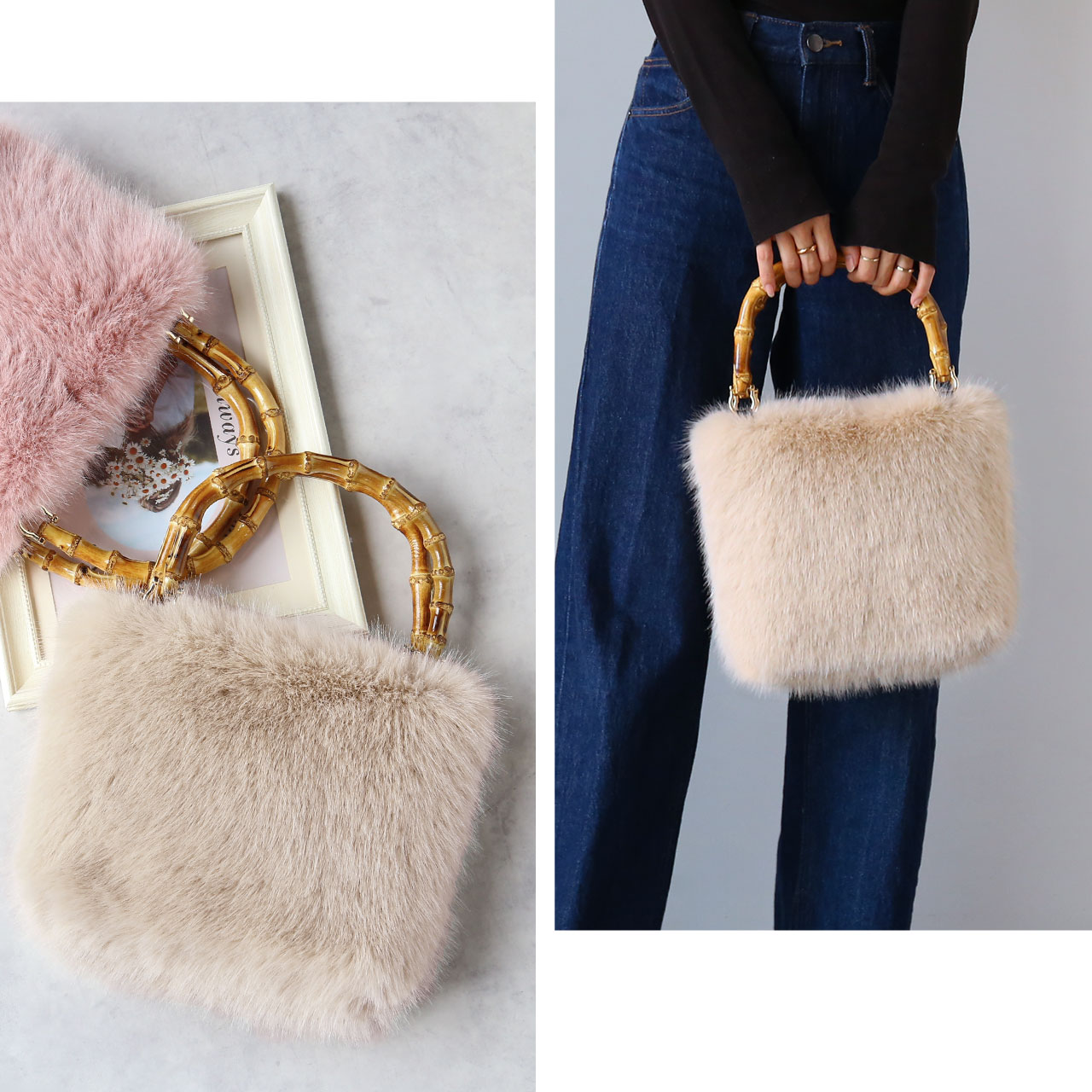 エコファー バンブー バッグ ピンク アイボリー