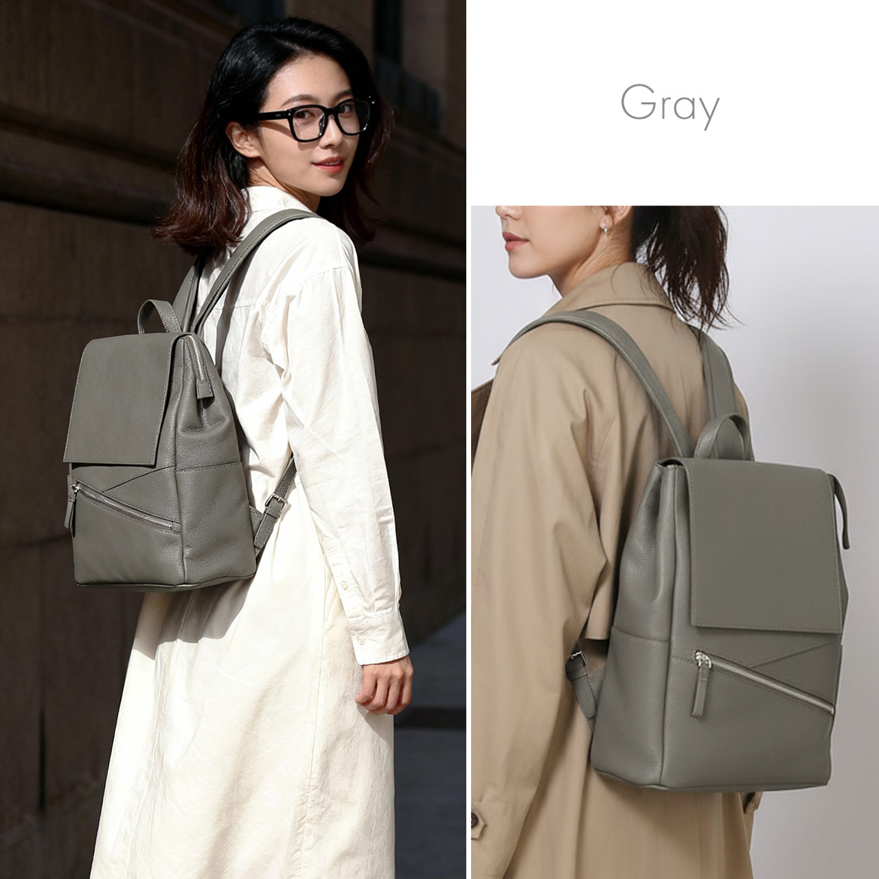 【未使用級/カード付】フルラ ダウンタウン リュック レザー シボ革 グレー mieno（ミエノ） リュック レディース バッグ 本革 大人 リュック 牛革