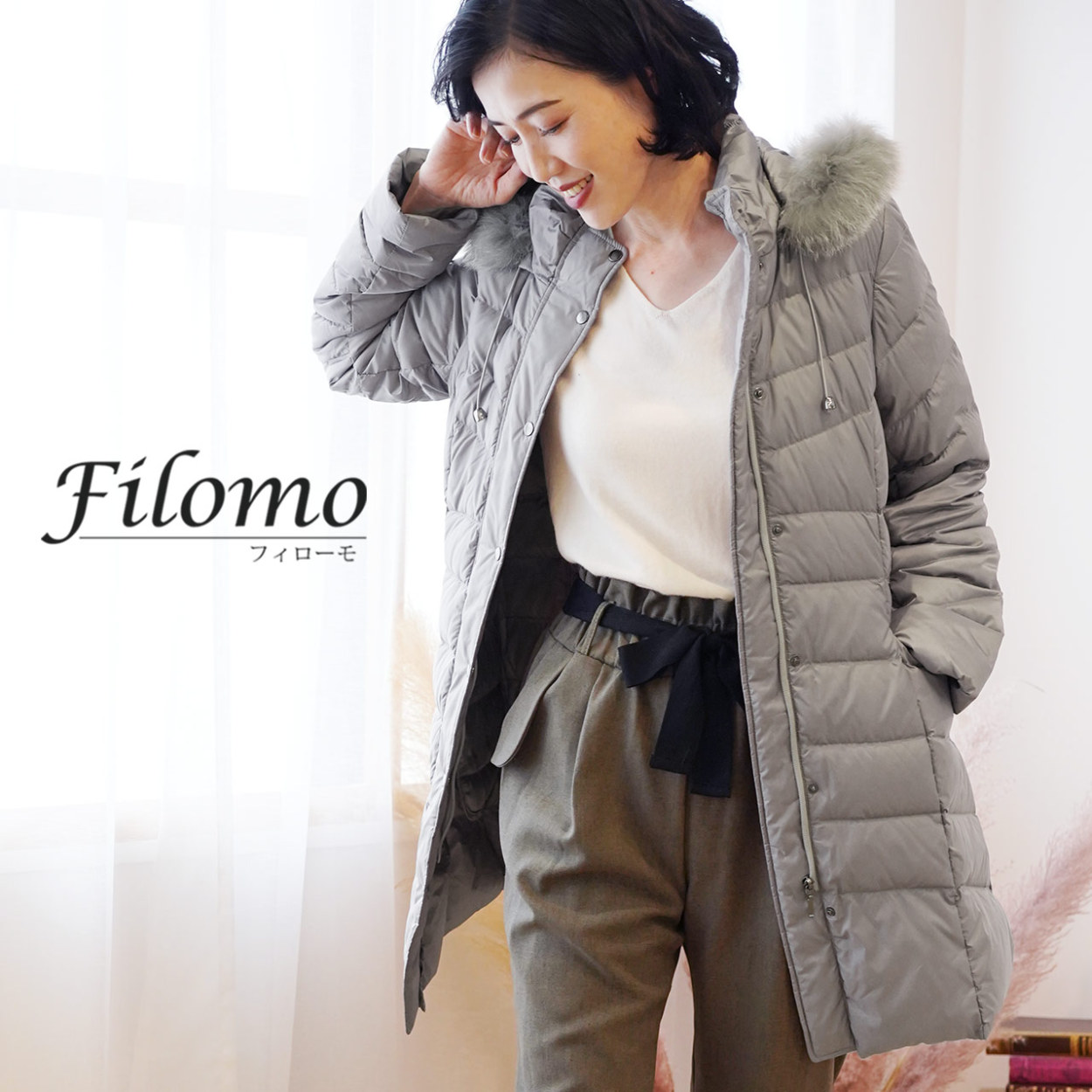 Filomo ダウンコート レディース ライトダウン フード付き フォックス ファー トリミング ブランド 秋冬 M/L/LL