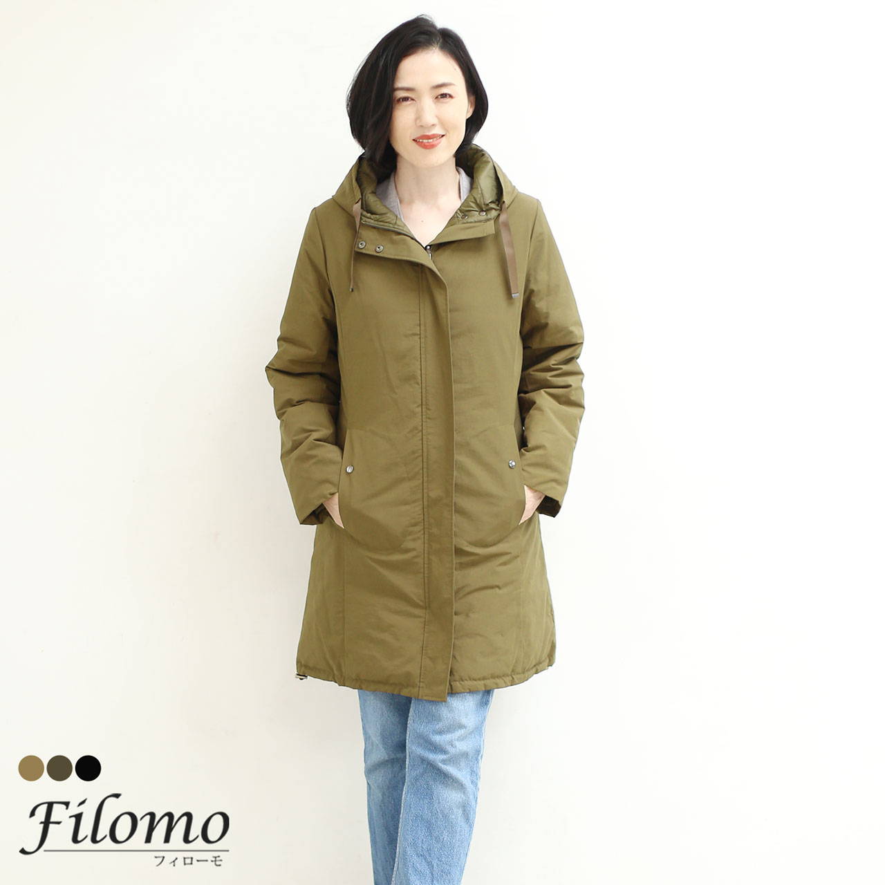 ダウン80% ロングダウンコート カーキ フード付き 防寒 M〜L ロング ダウン80% ダウンコートレディース レディースダウンコート