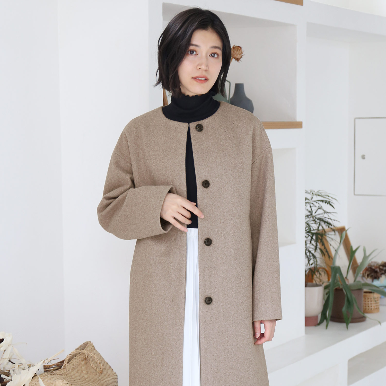 未使用♡23区　ソフトツイルストレッチノーカラーコート　リネン混　イタリア生地 未使用♡23区 ソフトツイルストレッチノーカラーコート リネン混