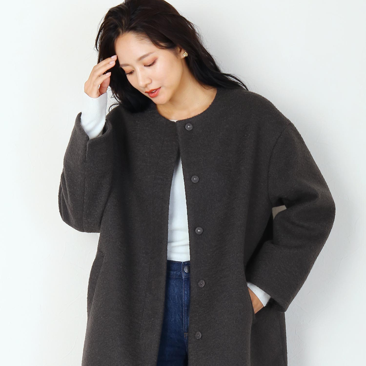 ◆値下げ◆FOXEY ウールモヘア ノーカラーコート 7部袖 38 ◇値下げ◇FOXEY ウールモヘア ノーカラーコート 7部袖 38