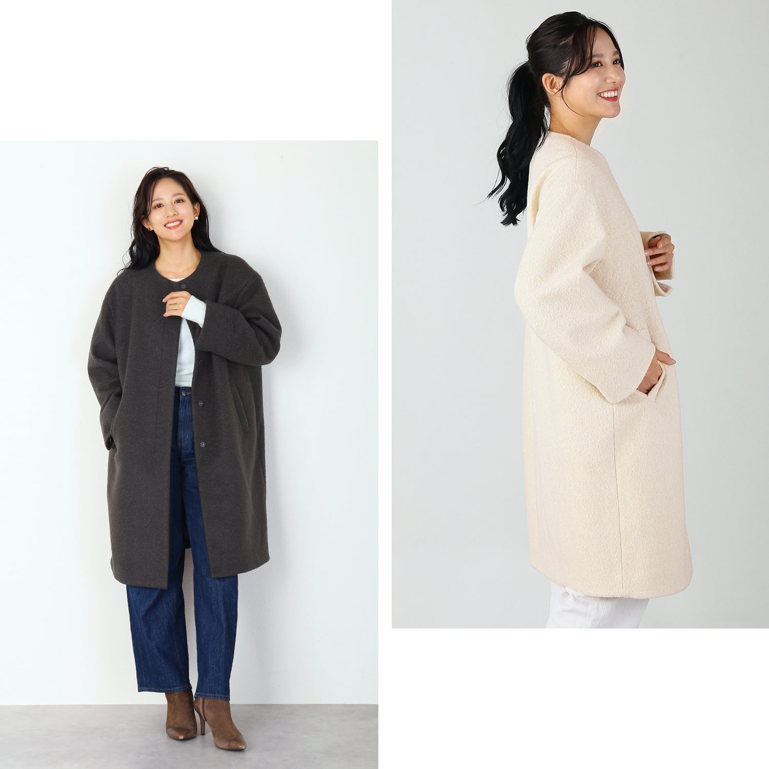 Filomo ノーカラーコート レディース ロング丈 ウールタッチ