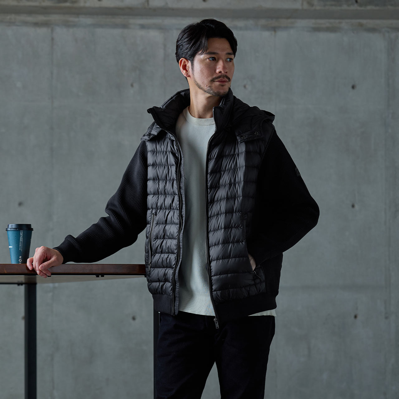 HALEINE ダウンジャケット メンズ フード付き アーム ニット デザイン ダウン ジャケット 防寒 カジュアル ブランド(08000331r) HALEINE（アレンヌ） [10%offクーポン]HALEINE ダウンジャケット