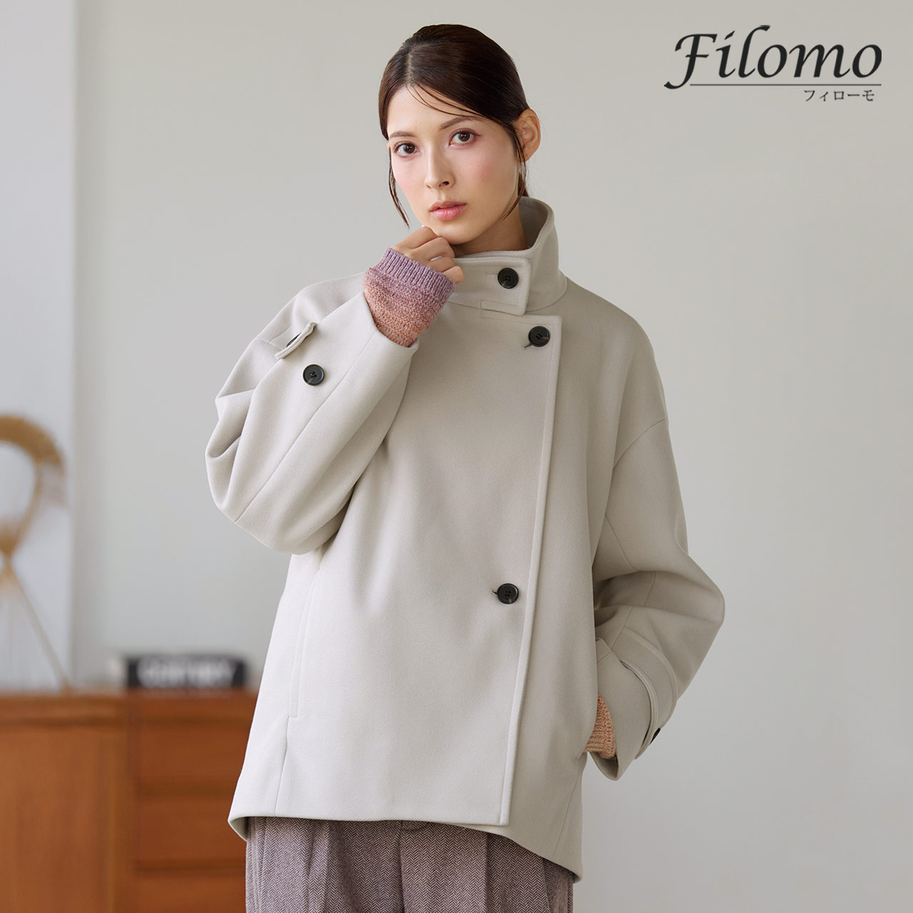 ドロップショルダージャケットコート Filomo（フィローモ） スタンドカラーコート レディース ショート丈