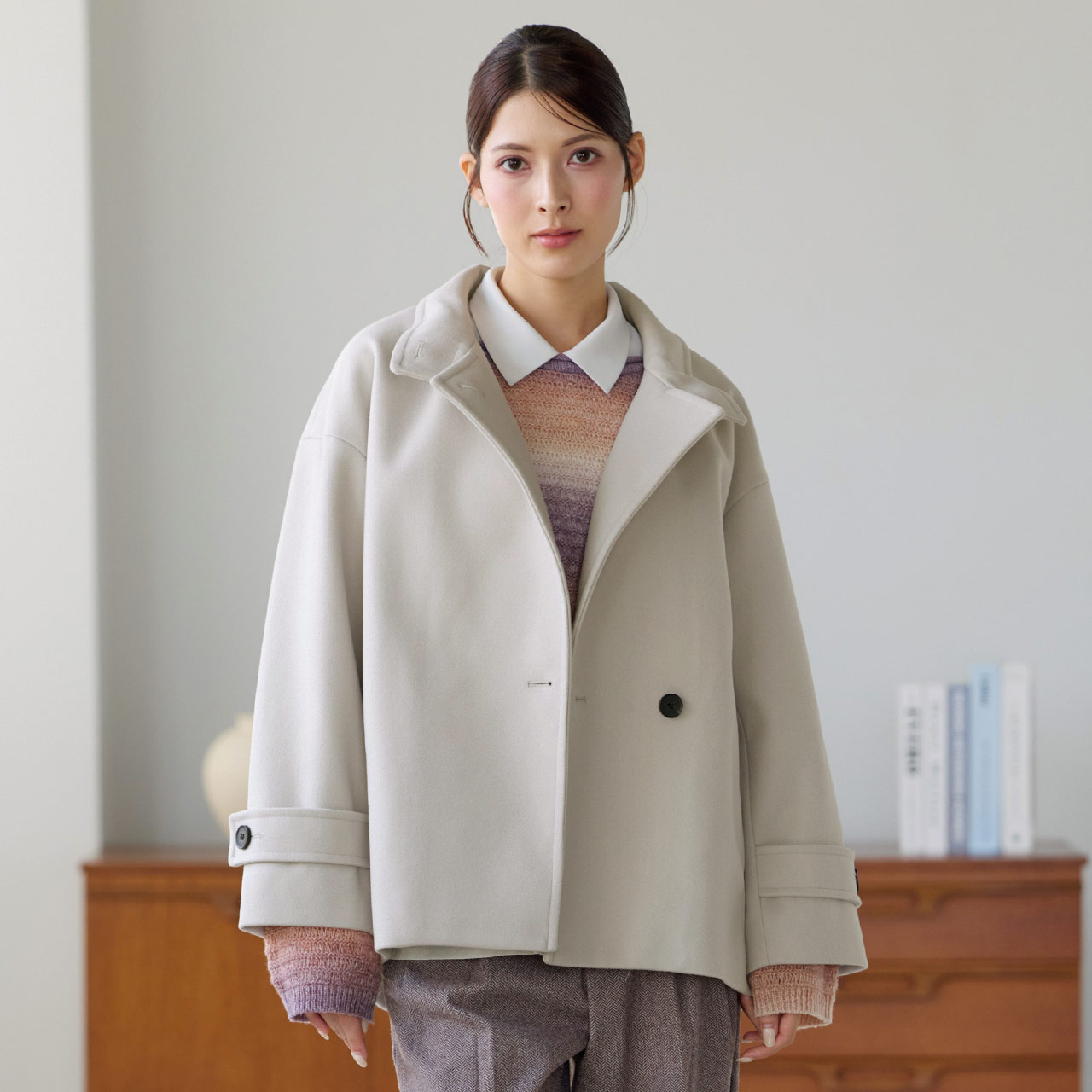 スタンドカラーコート レディース ショート丈 ドロップショルダー 手洗い可能 Filomo フィローモ ウールタッチ アウター 秋冬 軽量 おしゃれ 通勤 上品 シンプル 冬アウター 体型カバープレゼント ギフト クリスマス 6F (08000342r) Filomo（フィローモ） スタンドカラーコート レディース ショート丈