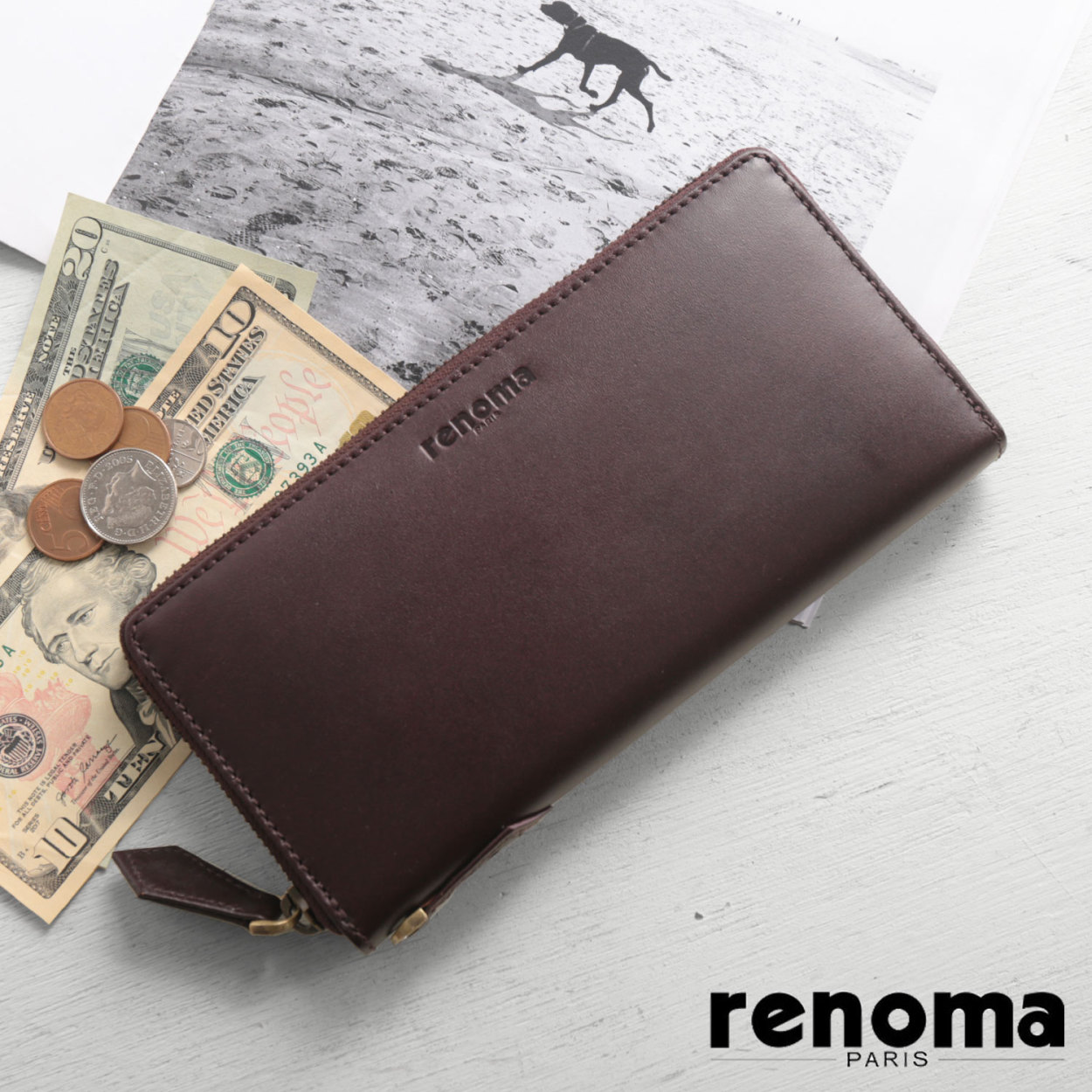 renoma 牛革 メンズ ラウンド 長財布 内側 ゴート 山羊革 本革