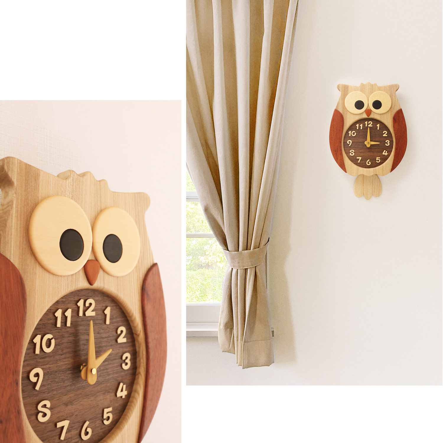 ふくろう掛け時計 壁掛け時計 おしゃれ かわいい 天然木 ふくろう 木製 