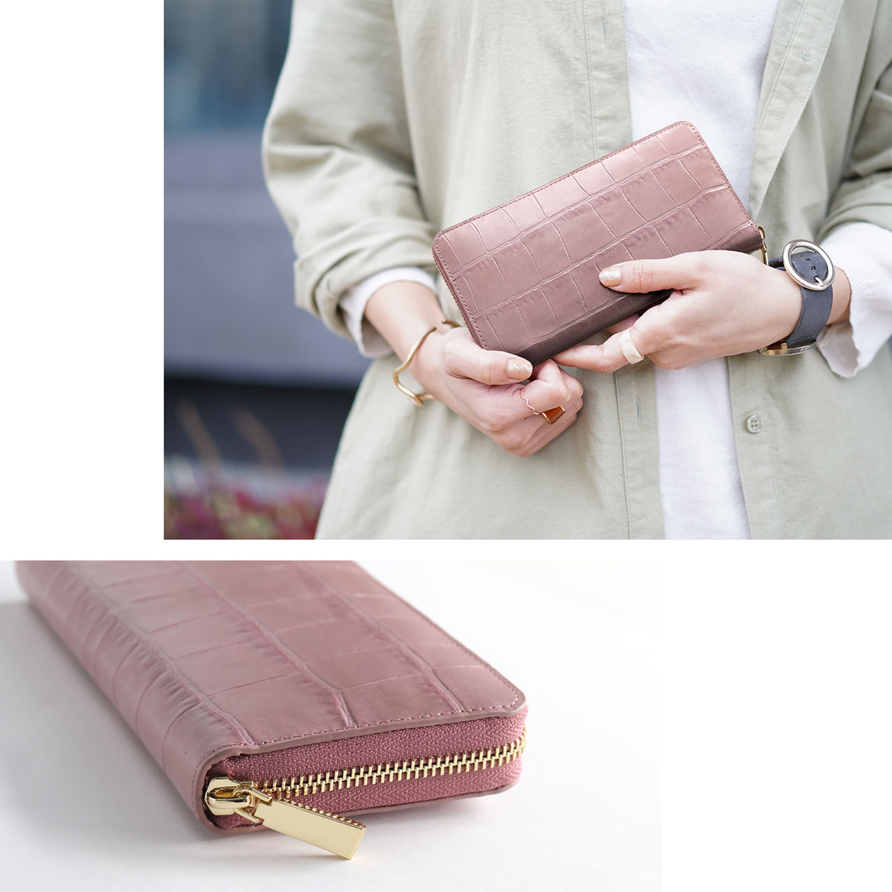 本革ラウンドファスナー長財布クロコダイル型押しイタリアンレザー