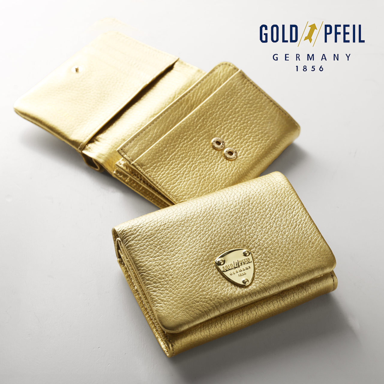 ゴールドカラー 牛革 二つ折り財布 レディース 本革 GOLD PFEIL コンパクト財布 (09000689r) GOLD PFEIL（ゴールドファイル） コンパクト 折り財布 レディース 本革