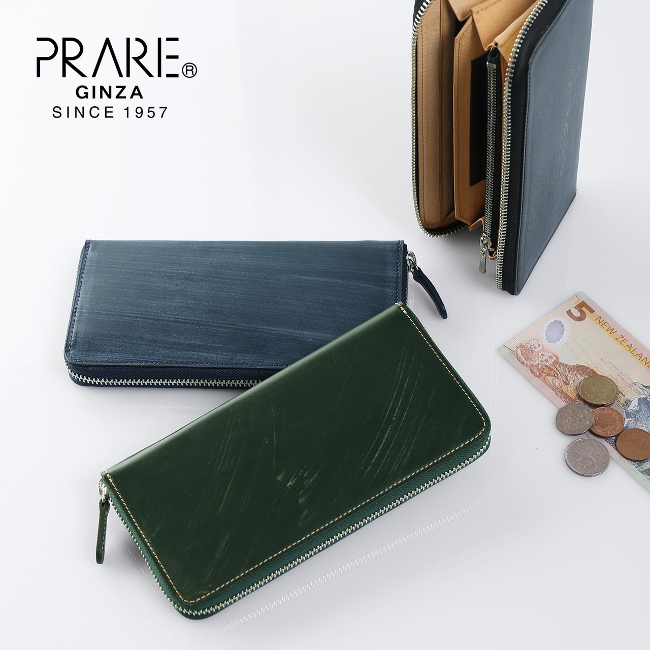 極美品●Felisi ケース ラウンドファスナー レザー 905 カーキ系 PRAIRIE GINZA（プレリーギンザ） ラウンドファスナー長財布