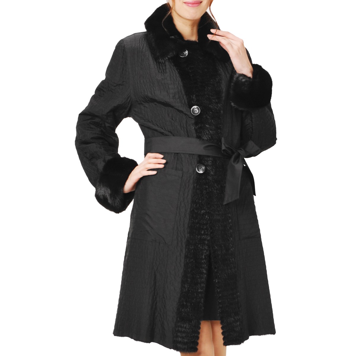 シルク100% ミンク リバーシブル ロングコート ベルト付き ブラック / レディース 毛皮コート