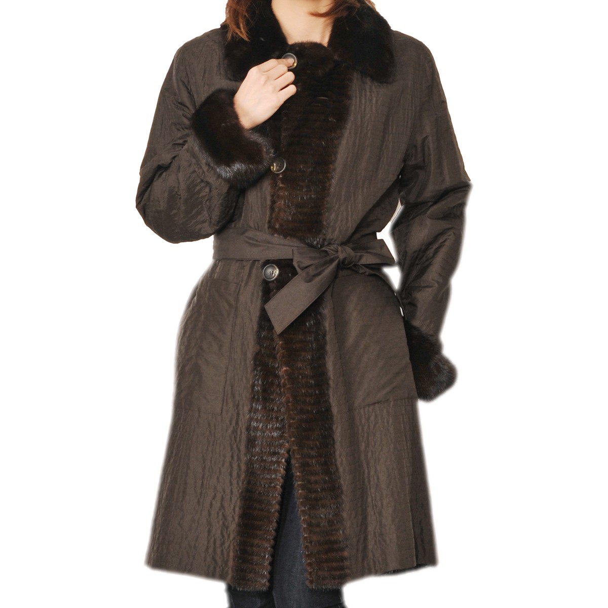 シルク100% ミンク リバーシブル ロングコート ベルト付き ブラウン / レディース 毛皮コート