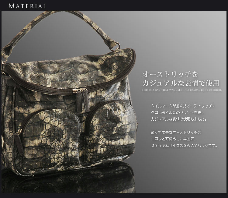 オーストリッチ ハンドバッグ ブラック ostrich 2WAYバッグ クイルマーク