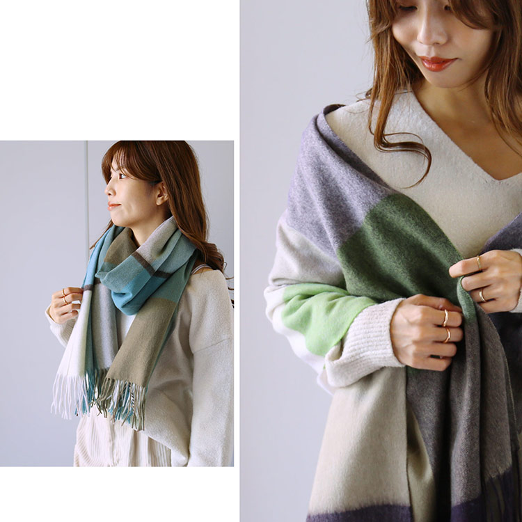 新品未着用【ミュベールMUVELチェック大判ストール】ウール100%ブルー ロイヤルブルー ストール（柄：チェック）のおすすめ人気商品一覧 通販