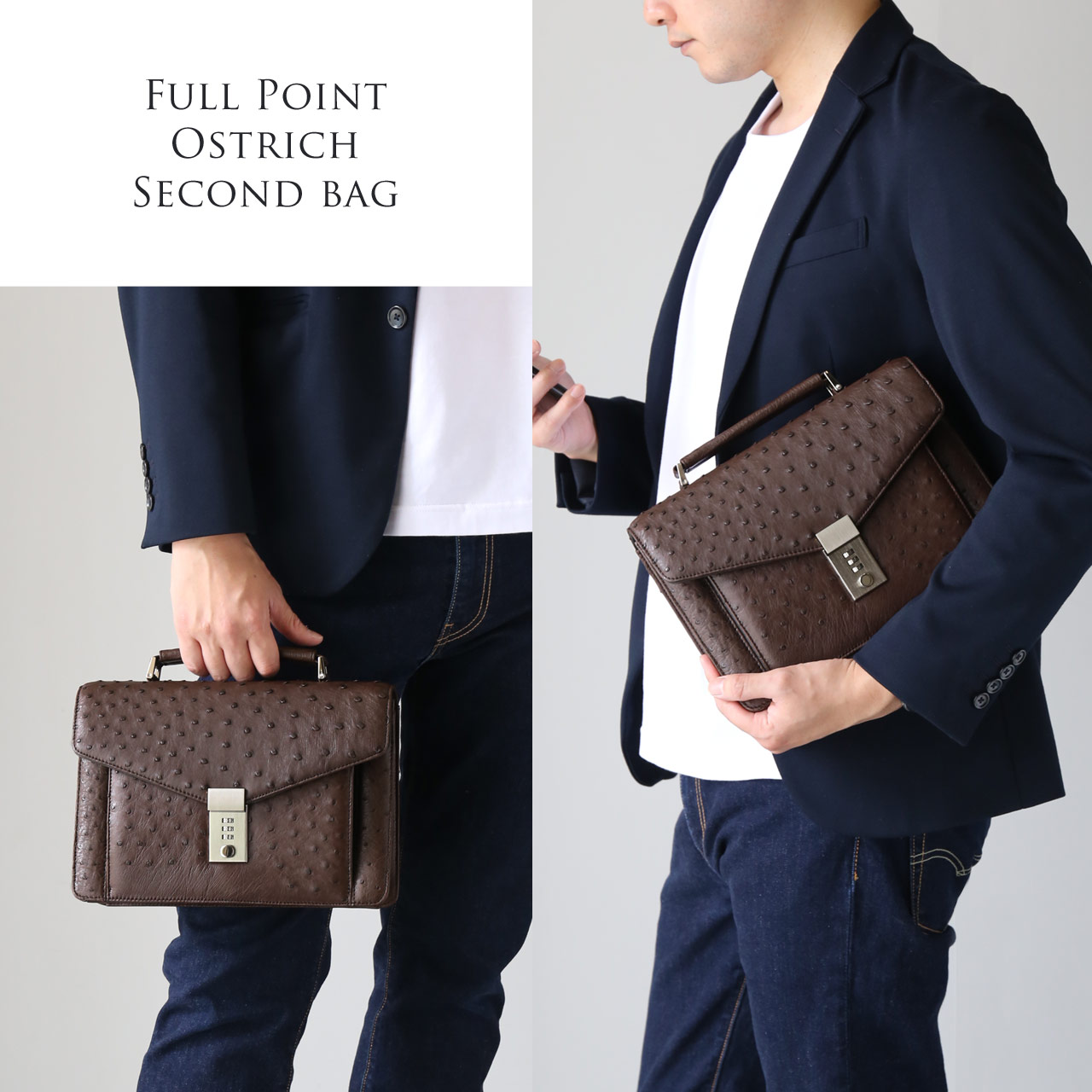Sankyo Shokai Men's Business Bag, Second Bag, Made in Japan, Leather Ostrich