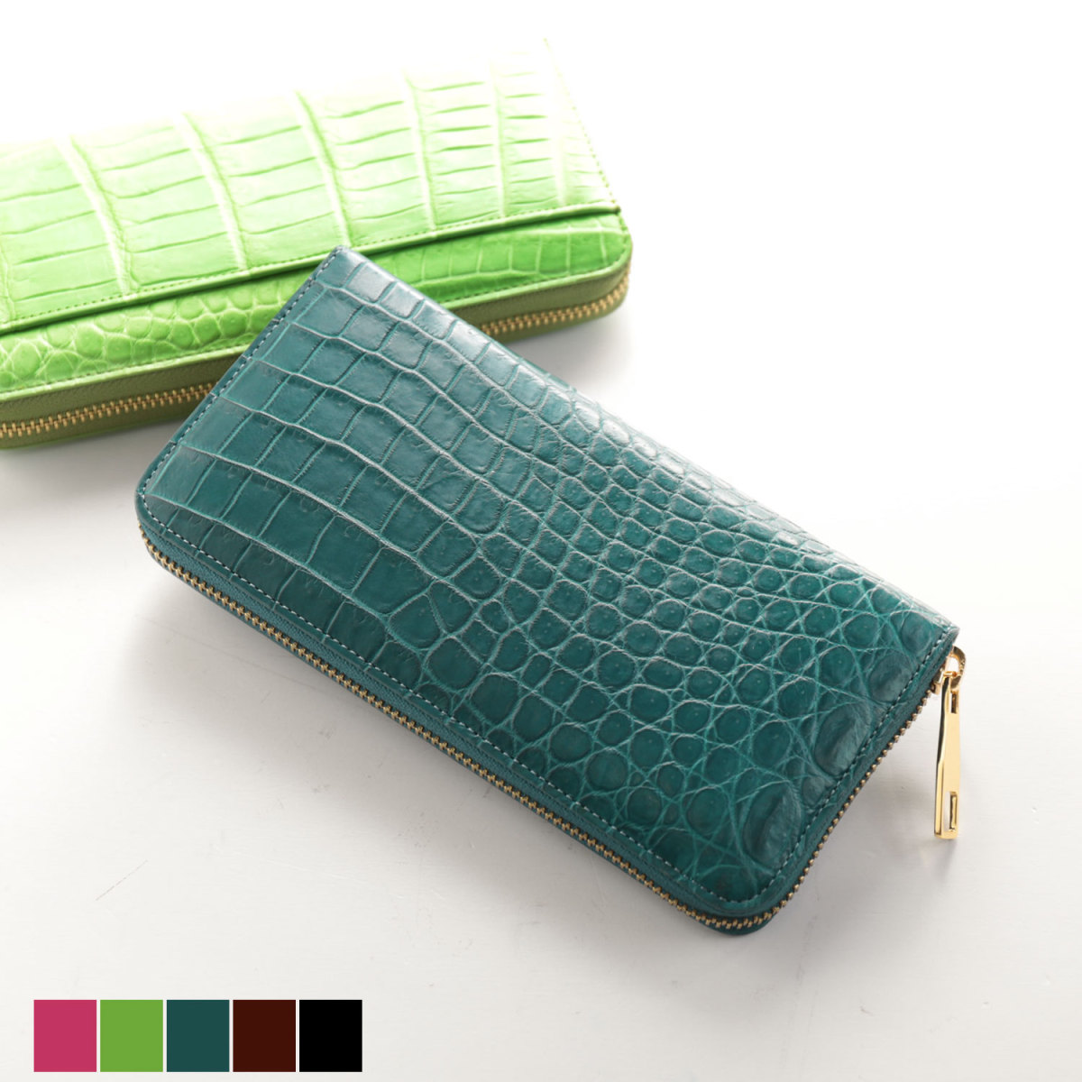 スモール クロコダイル 長財布 ラウンドファスナー アウトポケット