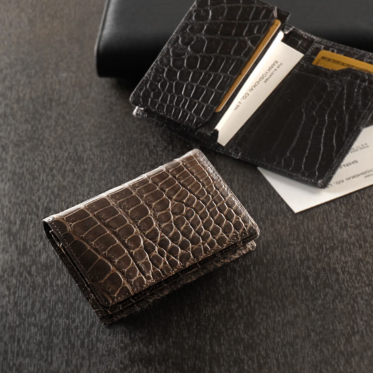クロコダイル 名刺入れ 日本製 無双 一枚革 通しマチ メンズ JRA 革