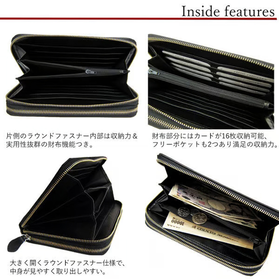 牛革 カーボンレザー ダブルファスナー Wファスナー セカンドバッグ 財布 Maturi JAPAN MT-34 BLACK画像5