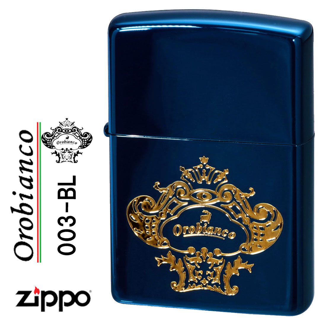 zippo(ジッポー)オロビアンコ　エッチング　ロゴ　イオンブルーコーティング　ORZ-003-BL 送料無料（ネコポス対応）