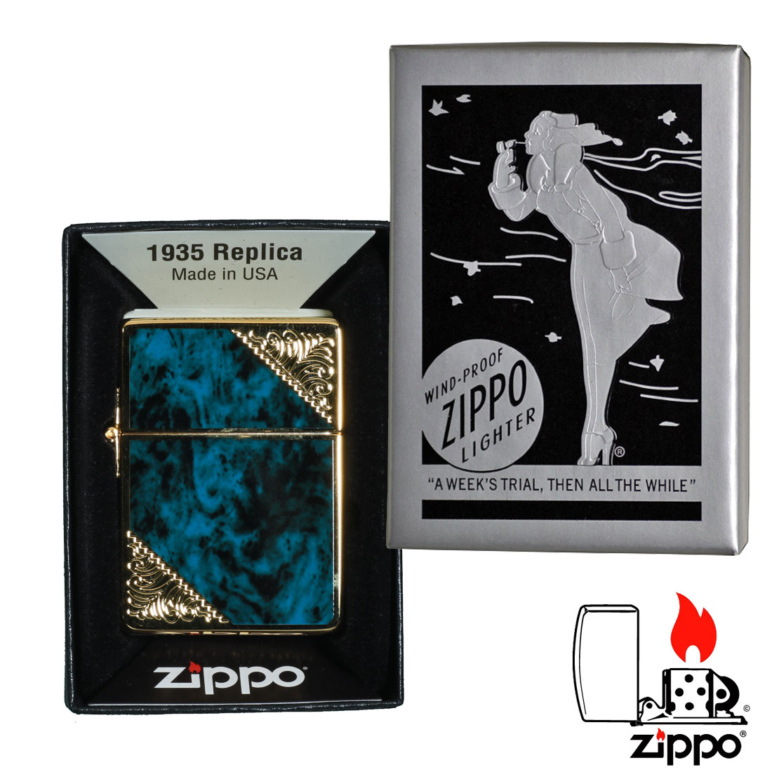 zippo(ジッポーライター)1935レプリカ　ベネチアンデザイン　金メッキエッチング　プリント仕上げ　両面加工　ブルーマーブル　1935GW-BLM  （ネコポス対応）