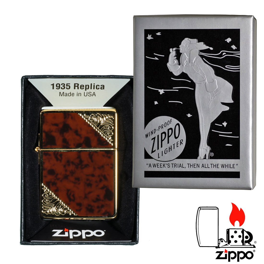 zippo(ジッポーライター)1935レプリカ　ベネチアン 金メッキエッチング　プリント 両面加工　ブラウン　1935GW-BW （ネコポス可）