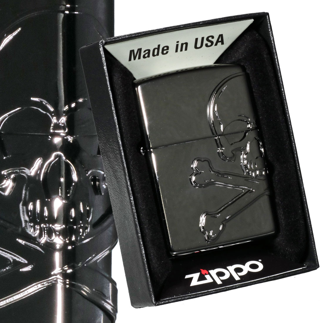 zippo(ジッポーライター)3面連続スカル メタル　ガイコツ 骸骨 ブラックニッケル　2BN-SKULL 黒　ワイルド　ギフト 送料無料  （ネコポス対応）
